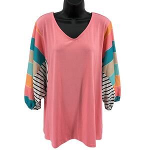 Womens Shirt SZ L Peasant Orange Colorblock Striped V-Neck 3/4 Sleeves Pullover